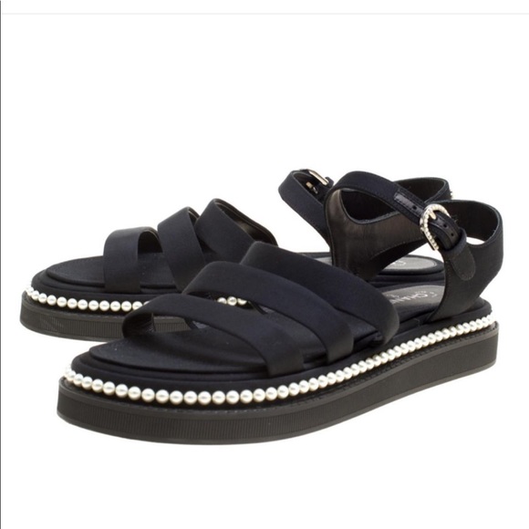CHANEL Shoes - Auth CHANEL pearl lined platform sandals